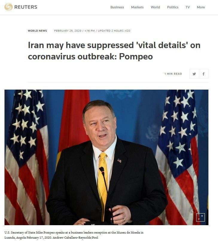 پمپئو: رژيم ایران ممکن است «جزئیات حیاتی» در مورد شیوع ویروس کرونا را مخفی کرده باشد