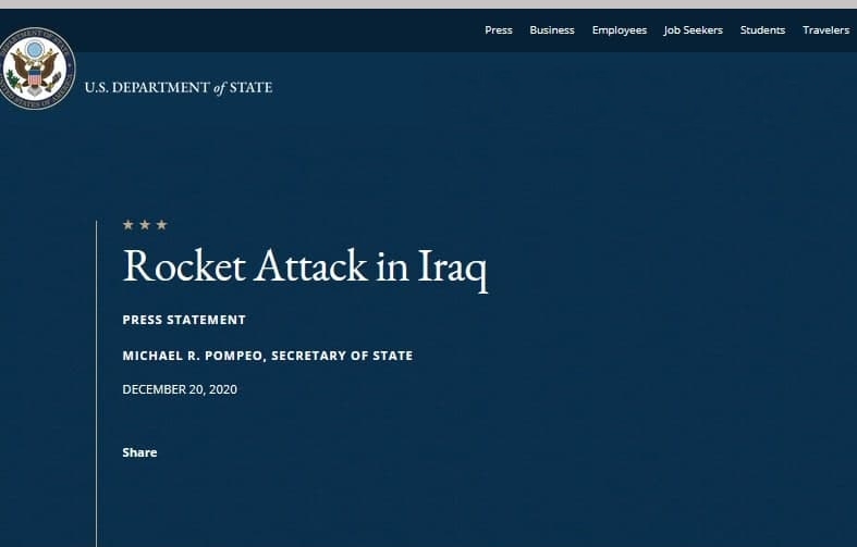بیانیه مطبوعاتی پمپئو در مورد حمله موشکی در عراق