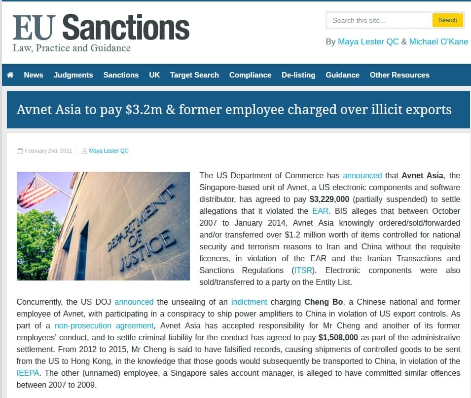 آونت آسیا به‌دلیل صادرات غیرقانونی باید 3.2 میلیون دلار بپردازد و کارمند سابق آن تحت پیگرد قرار می گیرد